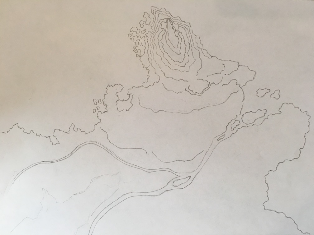 Pencil drawing of the Hookspire mountain and surrounding terrain.