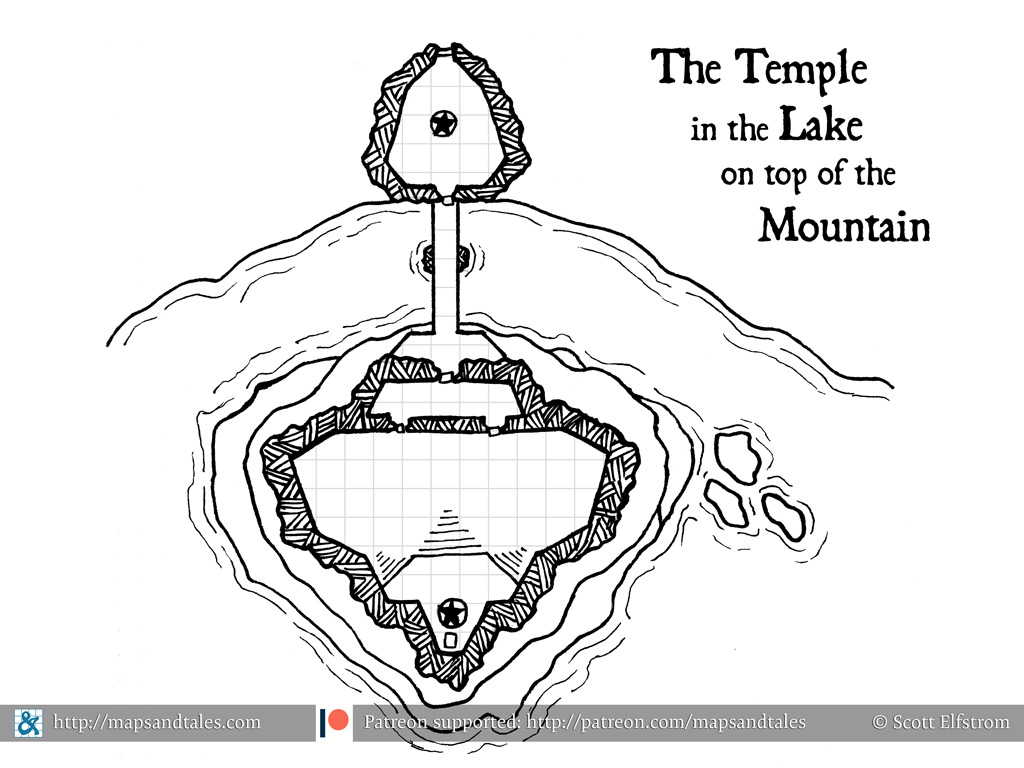 Map of a rugged stone temple perched on a rocky island in a lake