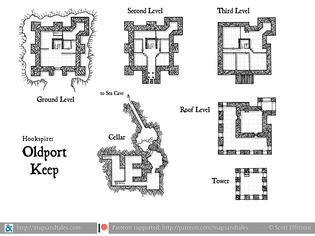 Map of a four-level tower with a cellar and a tunnel to hidden sea caves.