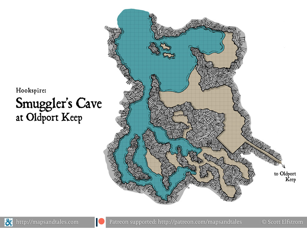 Map of a sea cave connected through a tunnel to Oldport Keep.