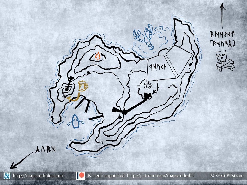 Map of an island in the middle of a subterranean sea, drawn and marked up by dwarves