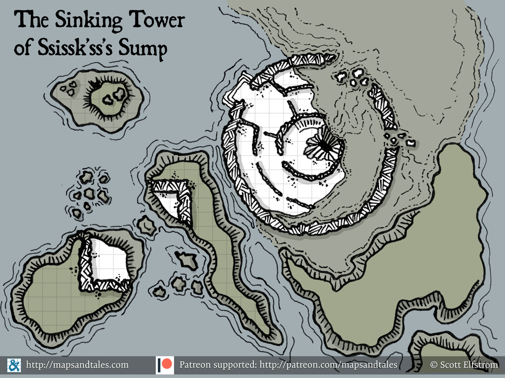 Map of a crumbling tower sinking into a swamp, with a sinkhole in its center leading to the depths below.