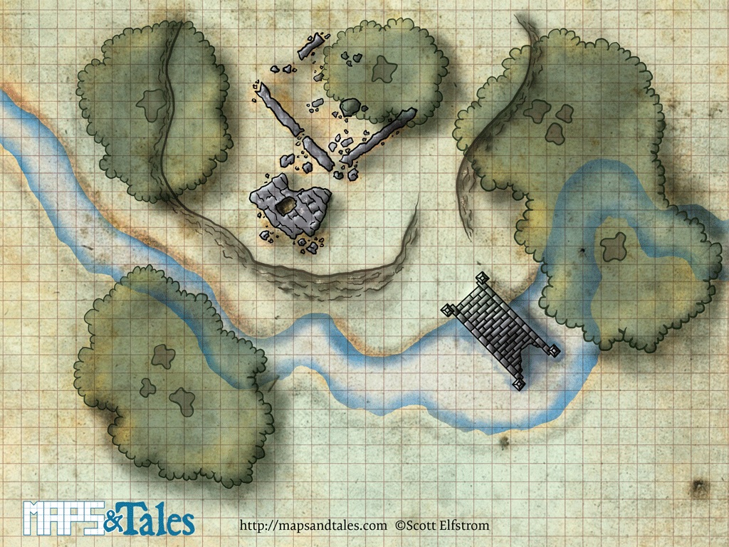 An idyllic forest stream with a ruined tower and partially-submerged bridge.